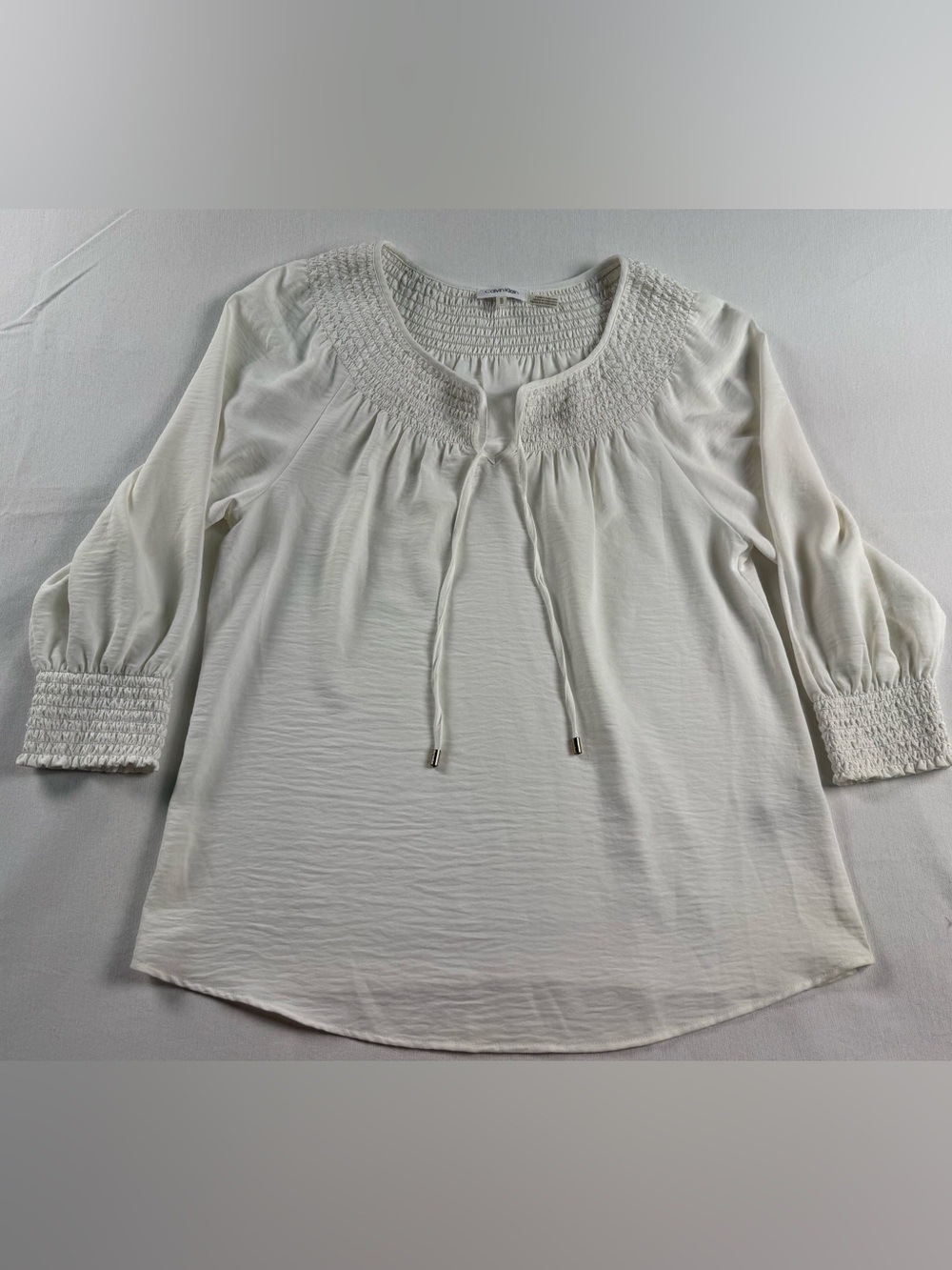 Calvin Klein Cream Smocked-Neck Long Sleeve Tunic